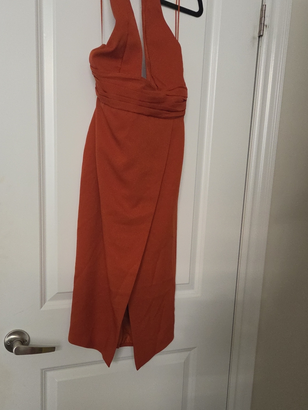 Wrappes Halter-Shoulder Rust Orange Midi Dress with Front Wrap